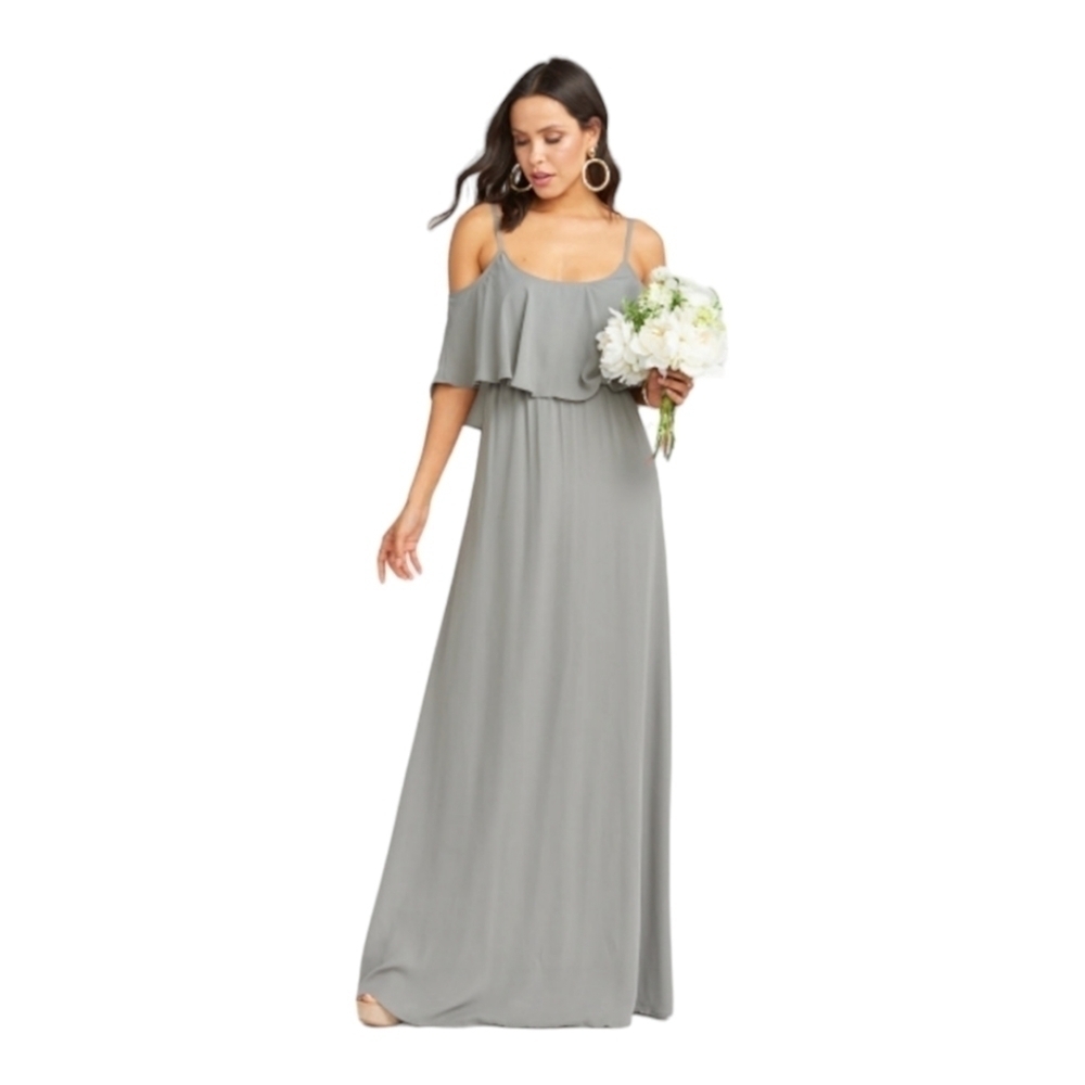 Show Me Your MuMu Caitlin Ruffle Cold Shoulder Maxi Dress in Dove Grey - Picture 4 of 5